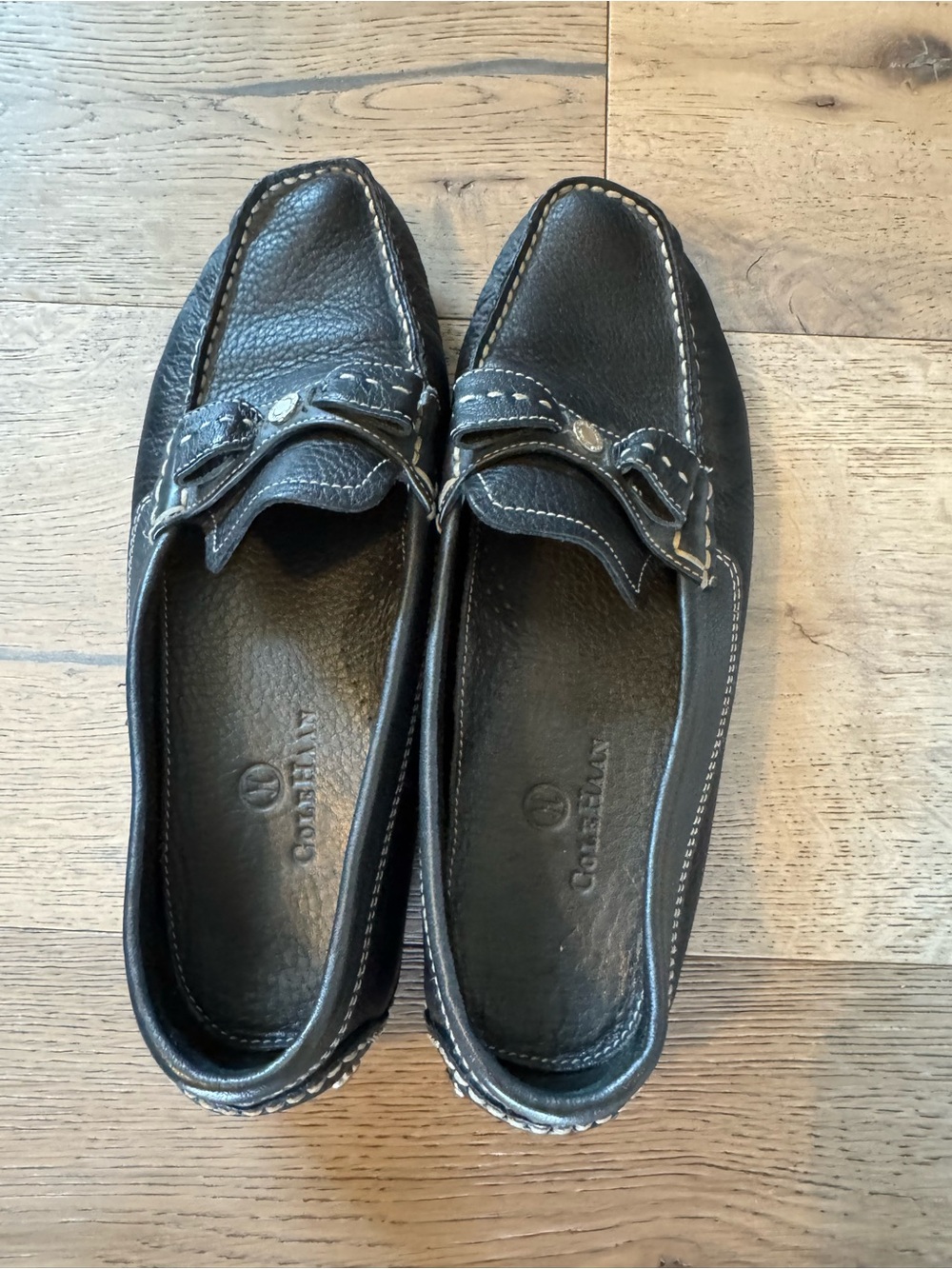 Cole Haan Black Leather Moccasin Loafers with Contrast Stitching